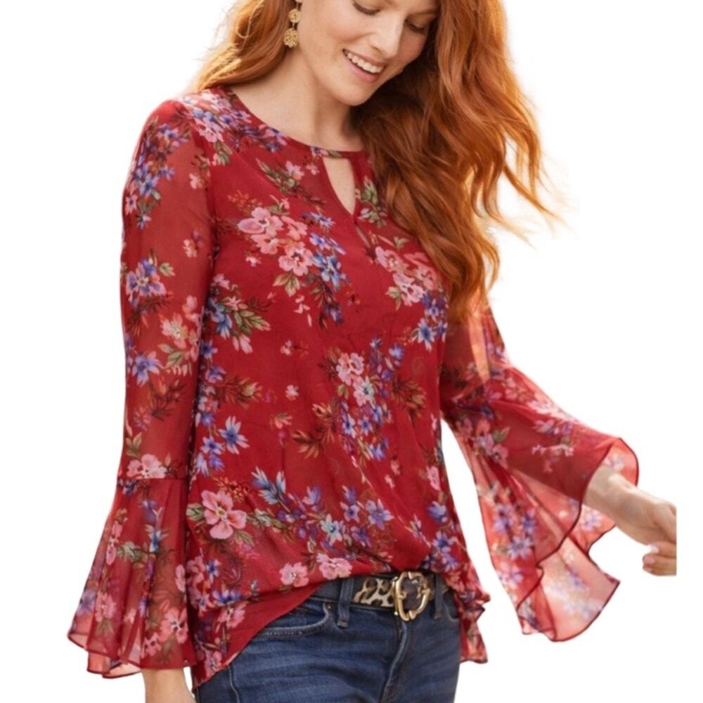 CAbi Devoted Blouse Red Floral Print Bell Sleeves Size XL Boho Romantic Chic